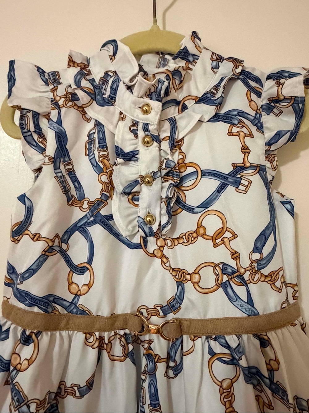 Janie and Jack White Dress Top with Blue and Gold Chain Print